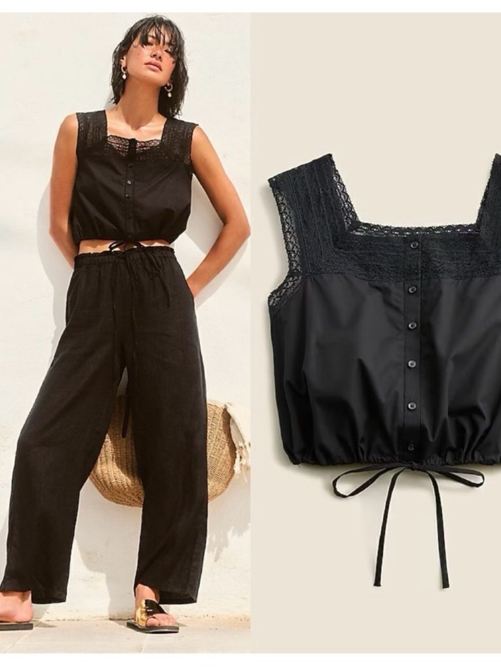 J.Crew Black Lace Trim Cropped Drawstring Top